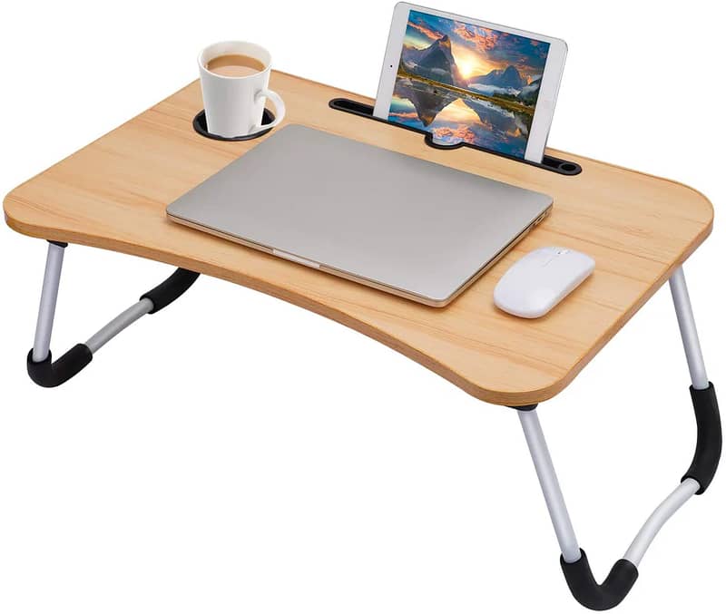 Laptop Table | Beige Color | Foldable Legs, Tablet Groove & Cup Slot 0