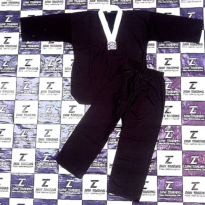 WTF Approved Black Taekwondo Uniform with White Neckline V-Neck Strip 1