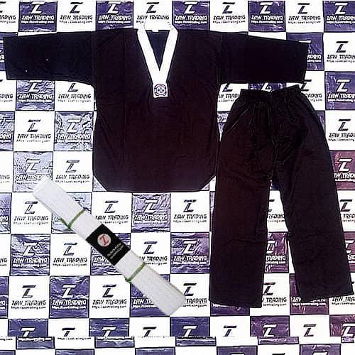 WTF Approved Black Taekwondo Uniform with White Neckline V-Neck Strip 2