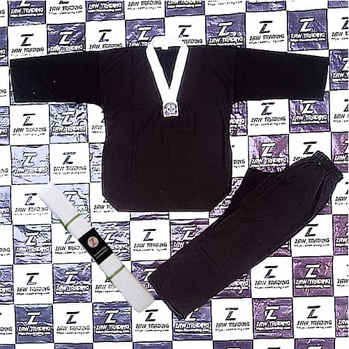 WTF Approved Black Taekwondo Uniform with White Neckline V-Neck Strip 5