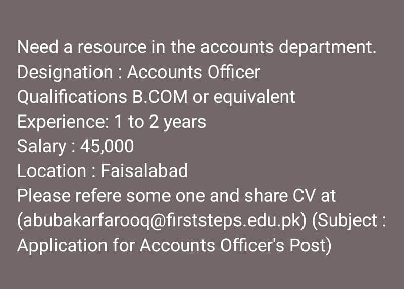 Need Accounts Officer 0