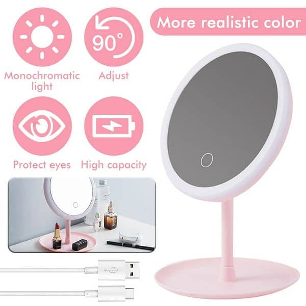 Makeup Mirror Rechargeable White Pink LED Daylight lr 3 Lighting Mod 0