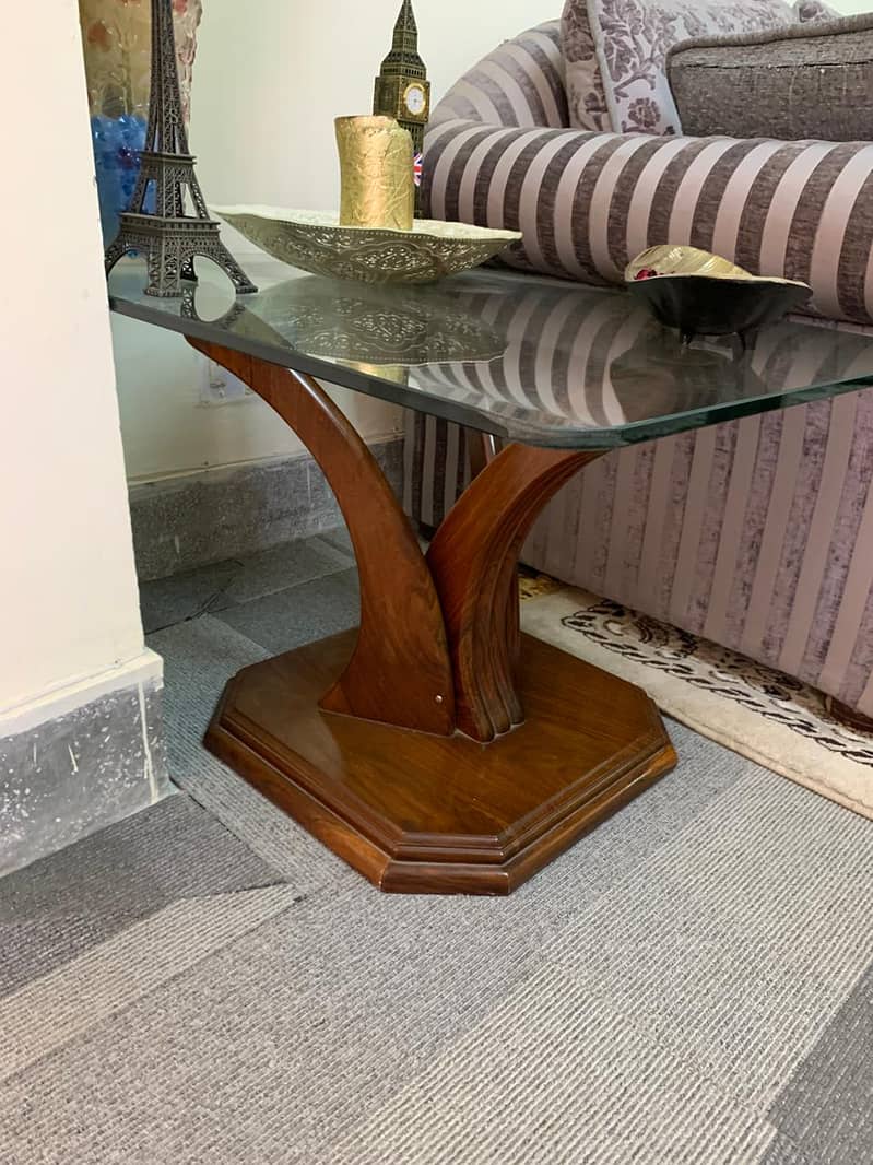 Wooden with glass top center table +2 side tables 1