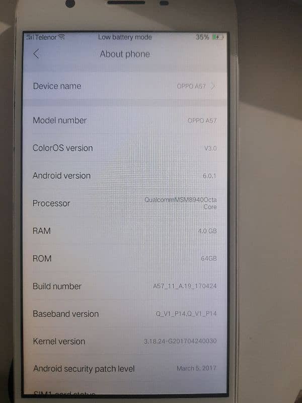 oppo A57 4gb ram 64 gb . memory just set 1