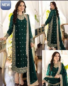 3 PC : Crinkle Chiffon Embroidered stitched suit