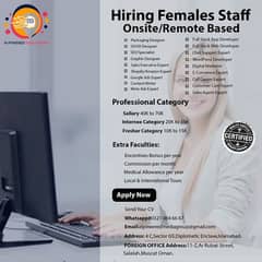 Hiring Female Staff Onsite/ Remote.