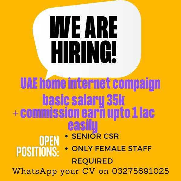 we are looking for a senior CSR female staff 0