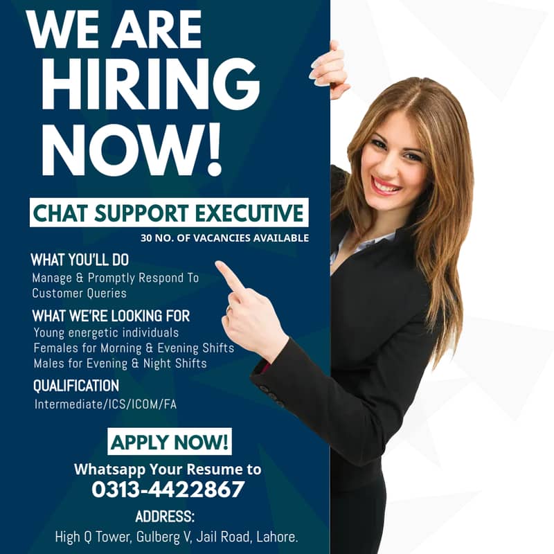 CHAT SUPPORT EXECUTIVE FEMALE (SALARY 30K TO 45K) 0