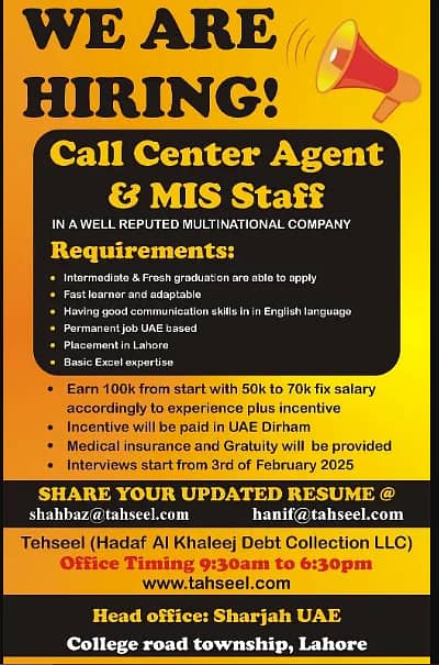 WE ARE HIRING CALL CENTER AGENT AND MIS STAFF 0