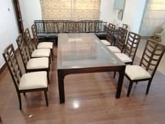 Ash wood dining table(12mm glass top) with 10 chairs