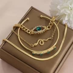 2 Pcs Gold Plated Charm hanging Bracelet set with Rhinestones