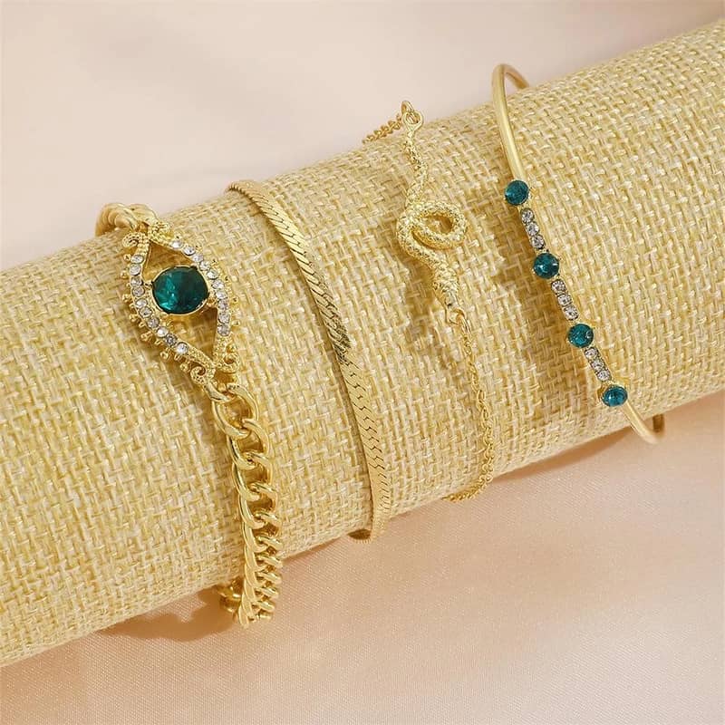 2 Pcs Gold Plated Charm hanging Bracelet set with Rhinestones 4