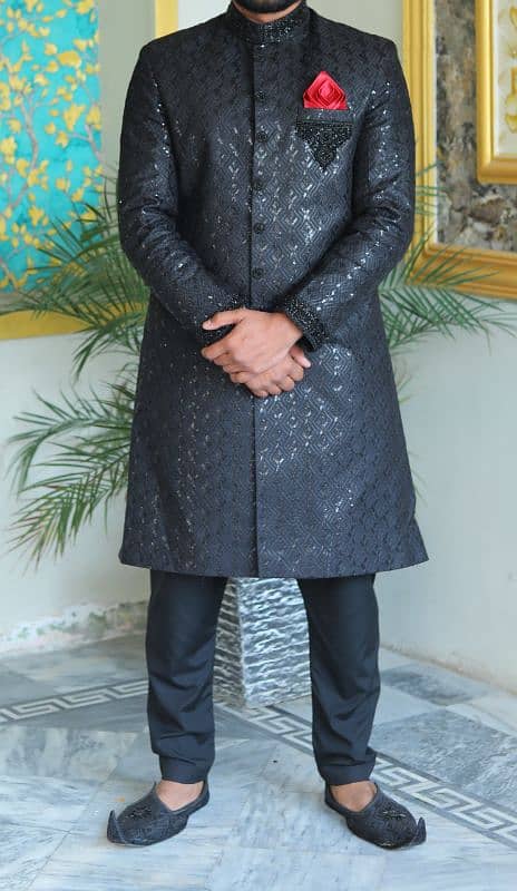 Brand new condition Black Sherwani, Kulla and khussa 6