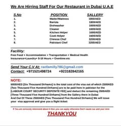 We Need Staff For Restaurant Urgently Required