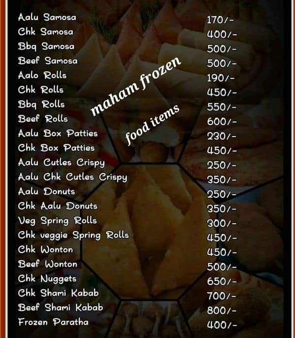 frozen food are availble ۔all items snacks salan 1