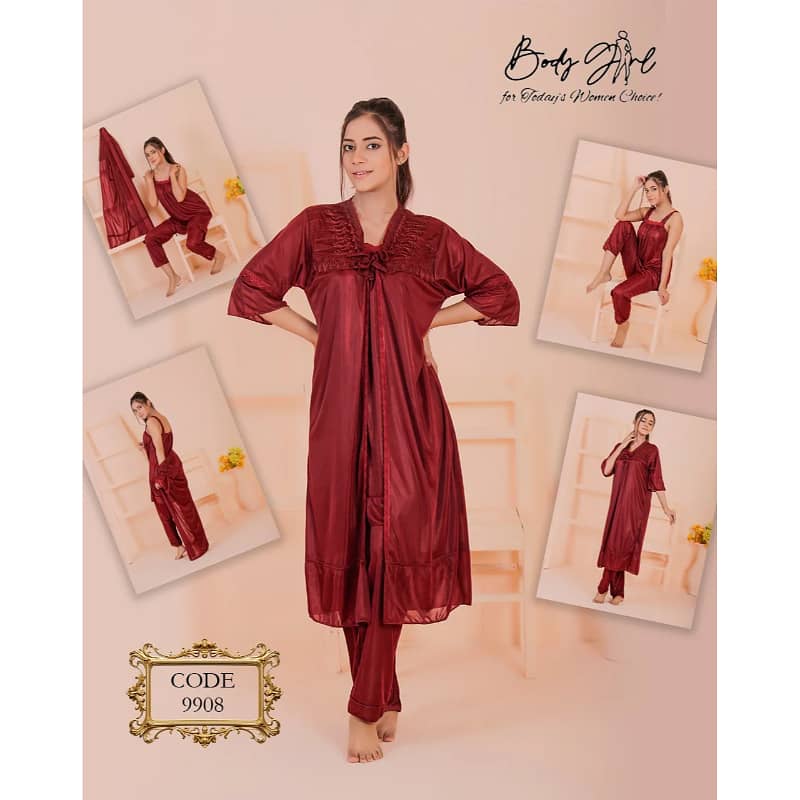 Elegant Silk & Lace Breathable 3-Piece Long Gown Nightwear Set Women 2