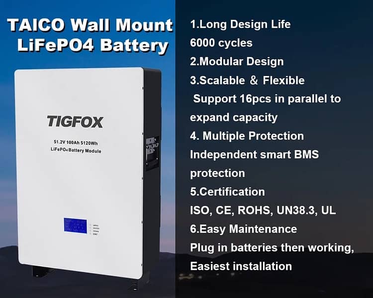 TIGFOX off grid hybrid 48v battery wallmounted 51.2v 100ah 3