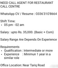 NEED CALL OPERATOR FOR RESTAURANT CALL CENTER