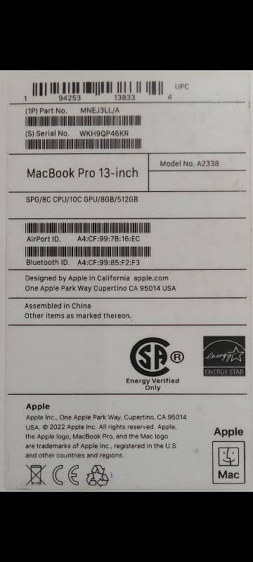 MacBook Pro M2 2022 8GB 512GB 13" MNEJ3 With Box 13