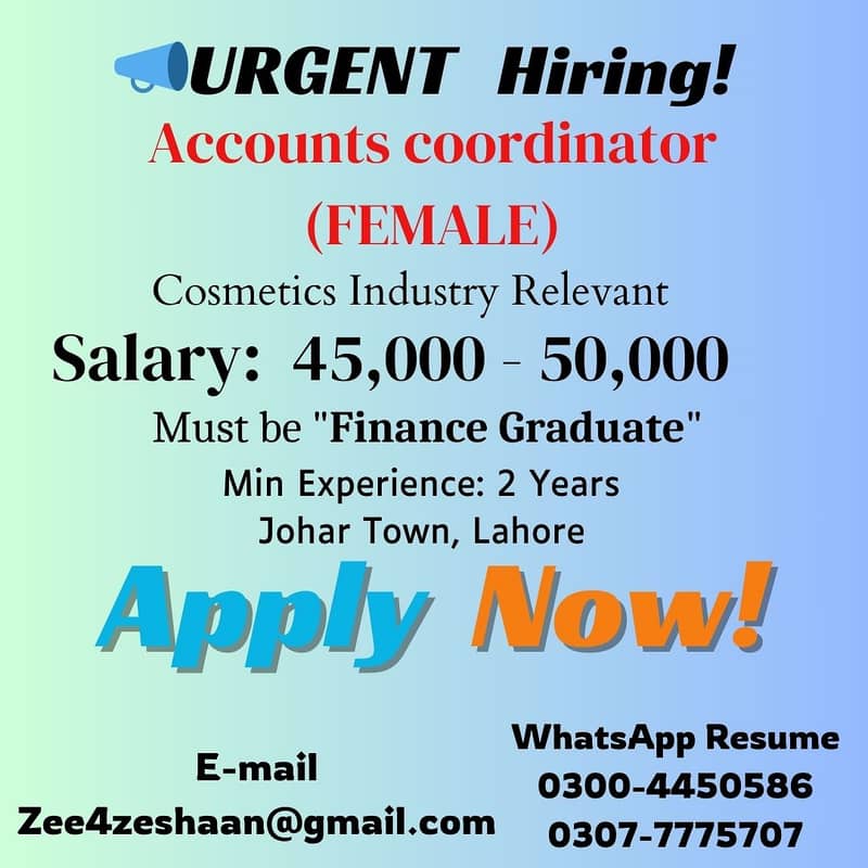 Female Accounts & Office Coordinator required 0