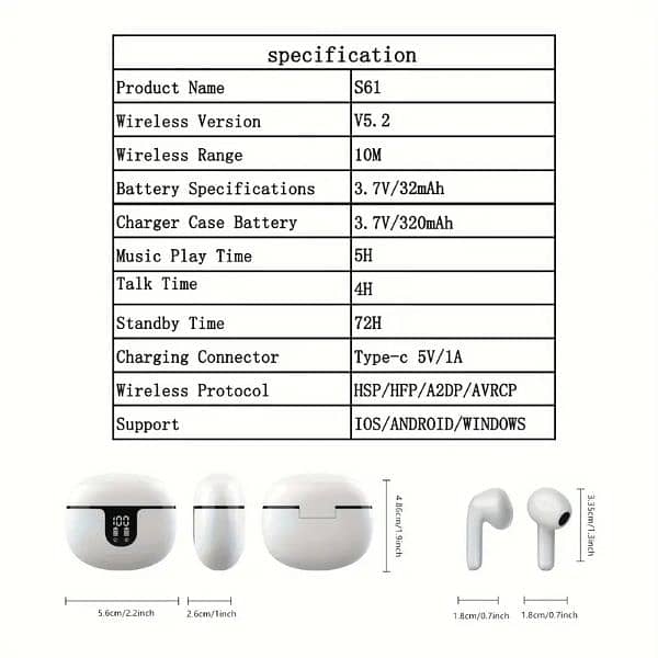 Original TWS S61 Earbuds with Hi-Fi Bass, Bluetooth Version 5.2 5