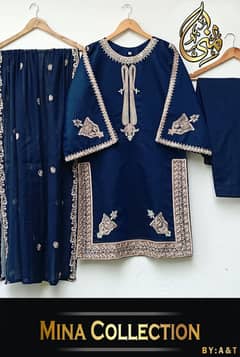 Front Neck, Sleeves And Daman Embroidery Shirt with Embroidered Dupatt