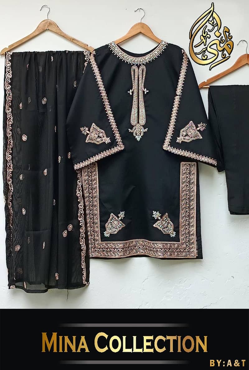 Front Neck, Sleeves And Daman Embroidery Shirt with Embroidered Dupatt 1