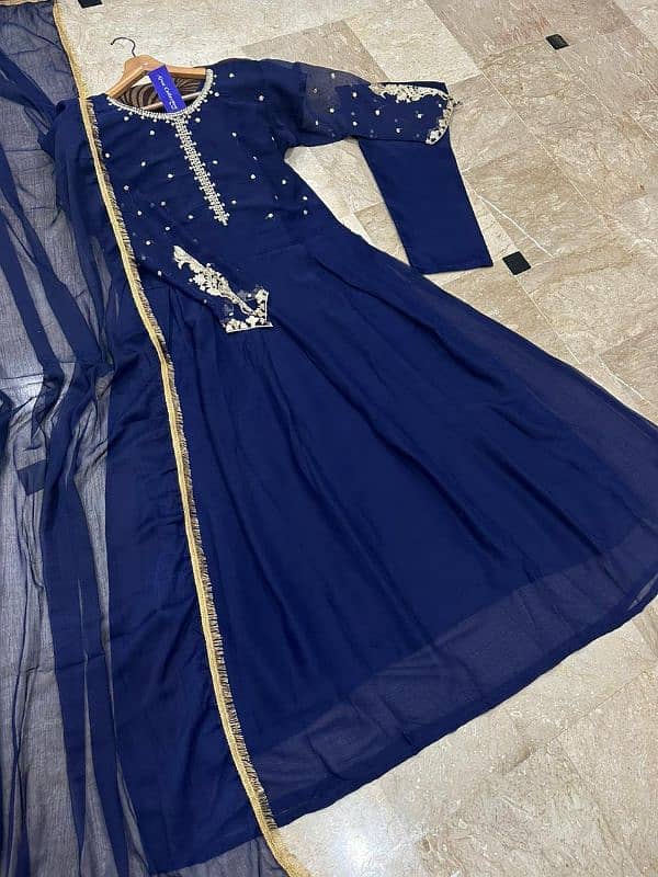 Embroidered Chiffon Maxi Suit - 3 Pcs in Blue- Clothes for women-near 1