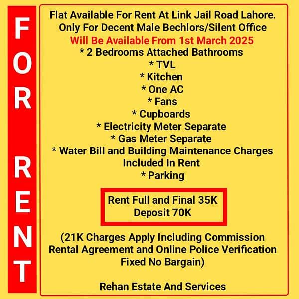 Flat Available For Rent At Link Jail Road Lahore 0