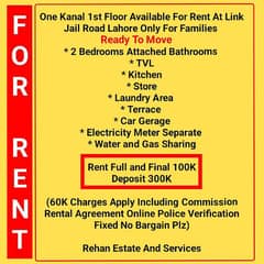 One Kanal 1st Floor Available For Rent At Link Jail Road Lahore