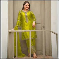 women 3 pc stitched suit Embroided shmiz silk delivery free