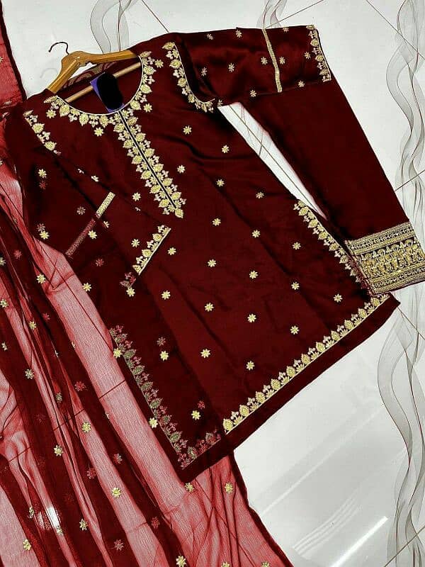 women 3 pc stitched suit Embroided shmiz silk delivery free 3