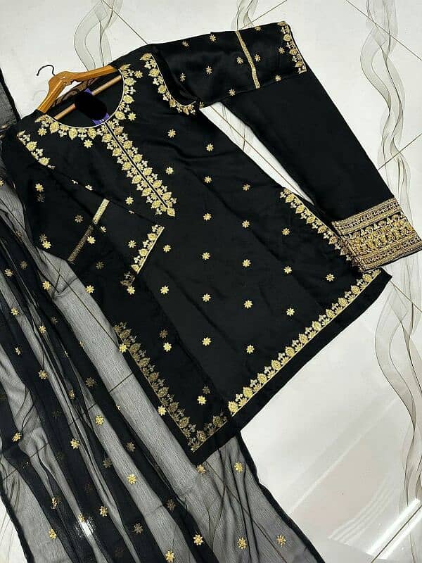 women 3 pc stitched suit Embroided shmiz silk delivery free 4