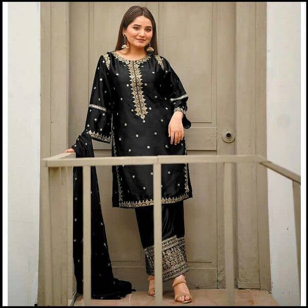 women 3 pc stitched suit Embroided shmiz silk delivery free 5