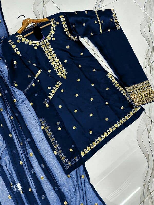 women 3 pc stitched suit Embroided shmiz silk delivery free 6