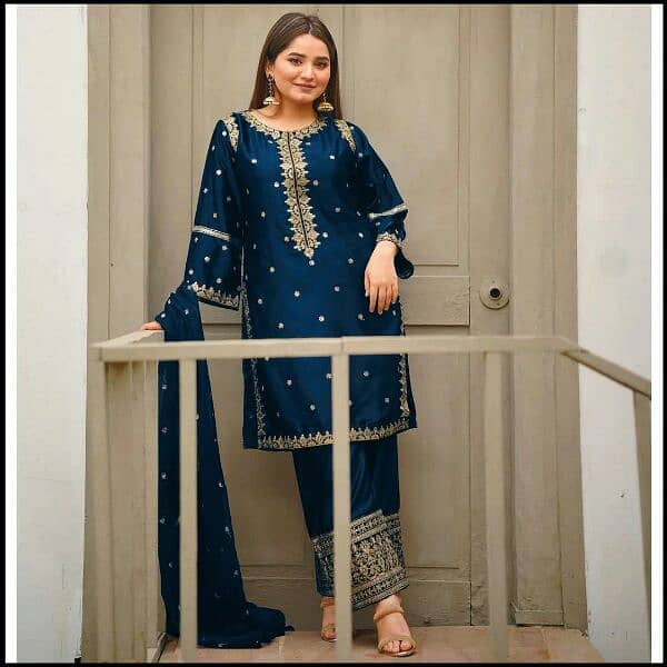 women 3 pc stitched suit Embroided shmiz silk delivery free 7