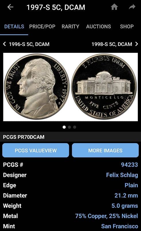 Stunning 1997-S 5C Graded Jefferson 5 Cent Proof Coin PCGS PR69DCAM 2