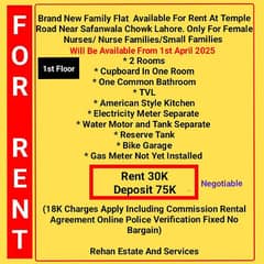 1st Floor New Family Flat For Rent At Temple Road Near Safanwala Chowk