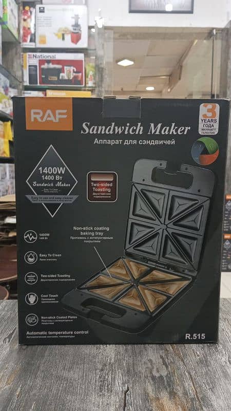 RAF 4 SLICE SANDWICH MAKER FULL SIZE NON STICK AUTOMATIC NEW 1400W 7