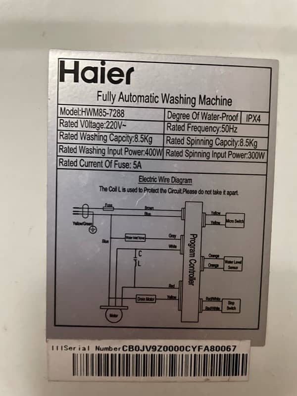 Haier fully automatic washing machine 8.5kg 7