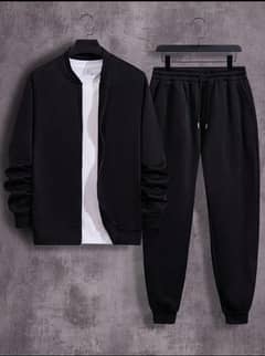 2 PCs men's fleece plain zipper track suit