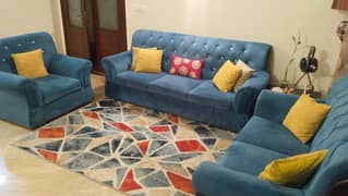 Blue 6 Seater Sofa Set, with cushion set, and rug