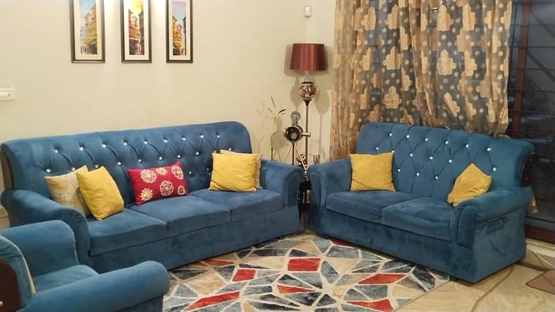 Blue 6 Seater Sofa Set, with cushion set, and rug 1