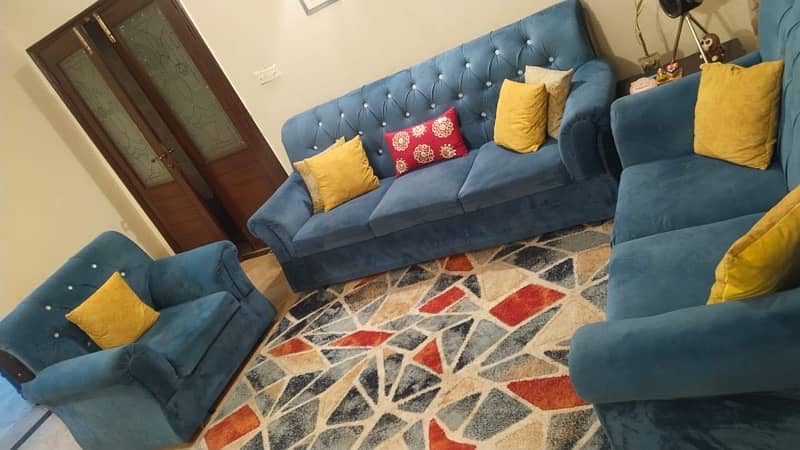 Blue 6 Seater Sofa Set, with cushion set, and rug 2