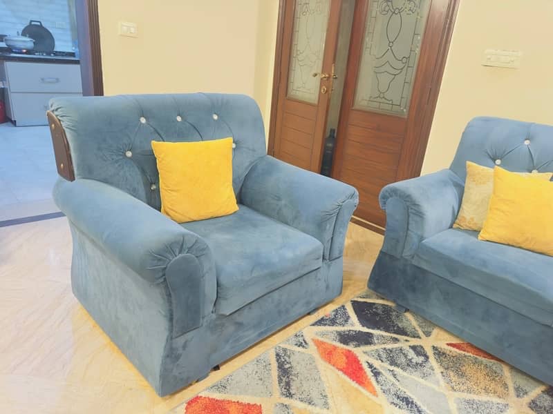 Blue 6 Seater Sofa Set, with cushion set, and rug 4