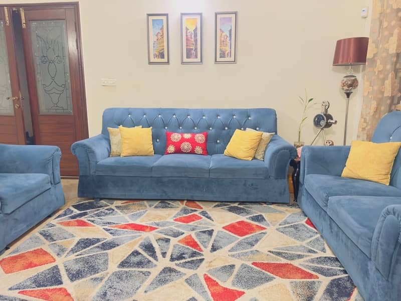 Blue 6 Seater Sofa Set, with cushion set, and rug 5