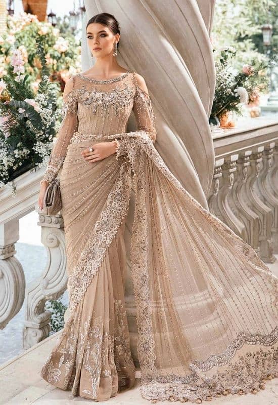 Maria. B Golden Net Stitched Saree urgent sale 0