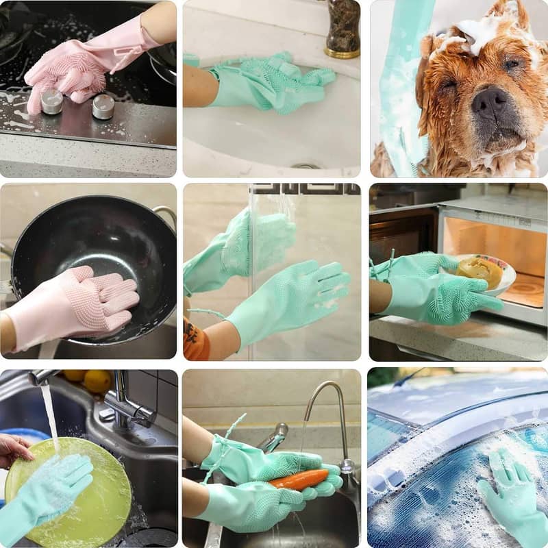 Magic Dish Washing Silicone Gloves with Wash Scrubber, Heat Resistant 4