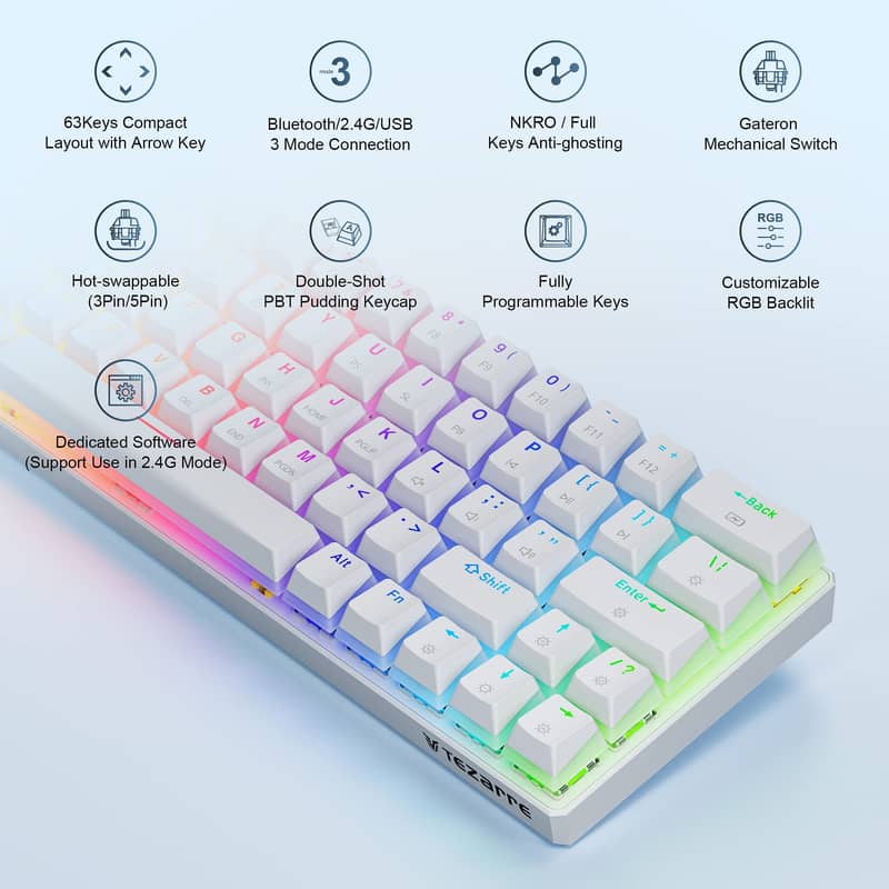 Tezarre TK-63 Pro Hotswappable Full RGB Wireless 60% Rechargesable KB 5