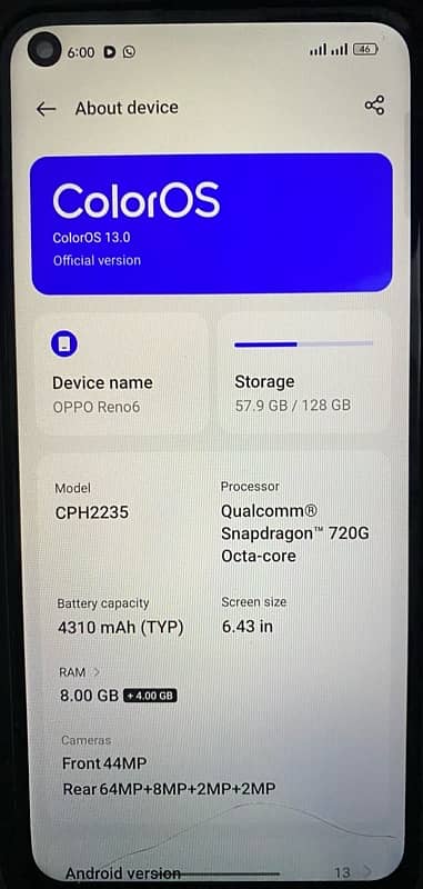 Oppo Reno 6 128 GB 6